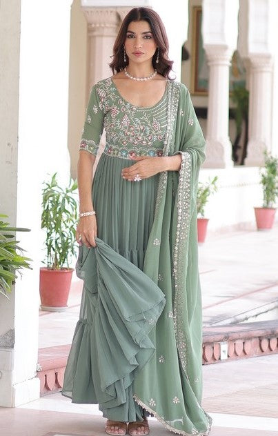 Striking Green Color Blooming Fabric Gown