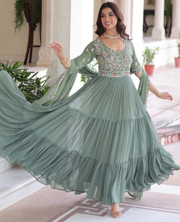 Striking Green Color Blooming Fabric Gown