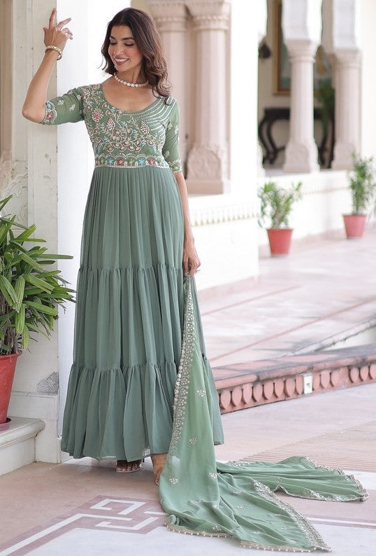 Striking Green Color Blooming Fabric Gown