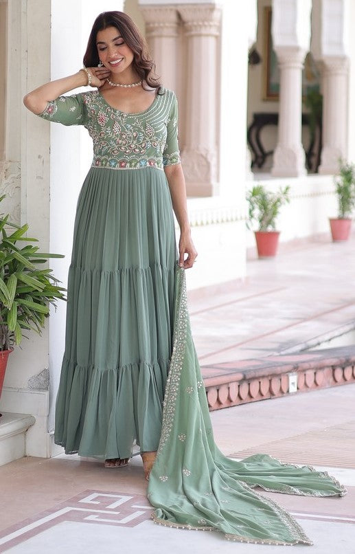 Striking Green Color Blooming Fabric Gown