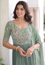 Striking Green Color Blooming Fabric Gown