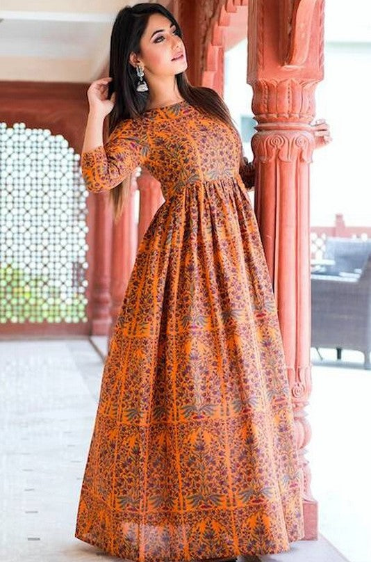 Superb Orange Color Muslin Fabric Gown