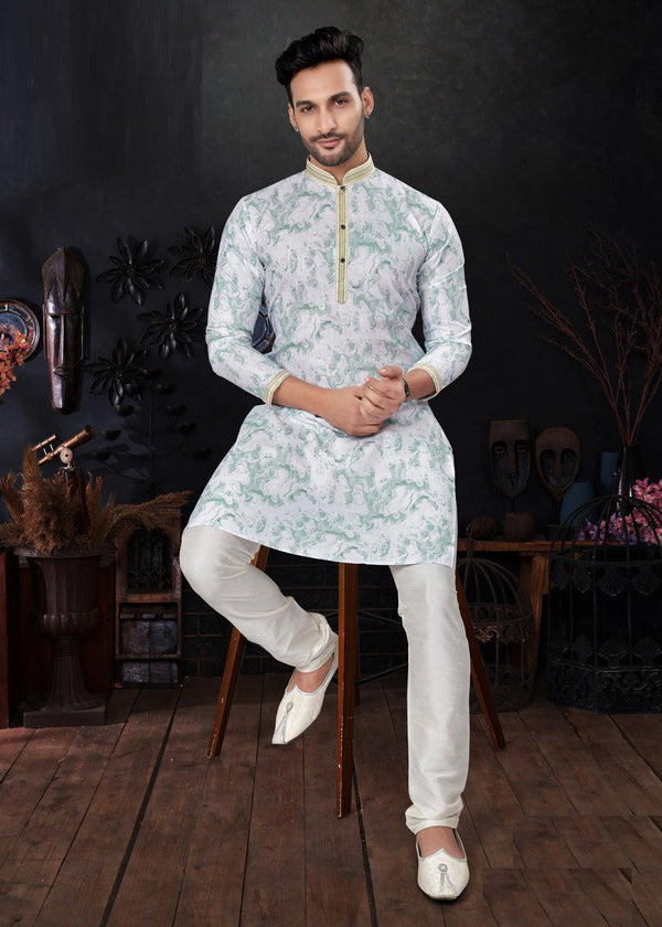 Impressive Aqua Color Silk Fabric Kurta Pajama