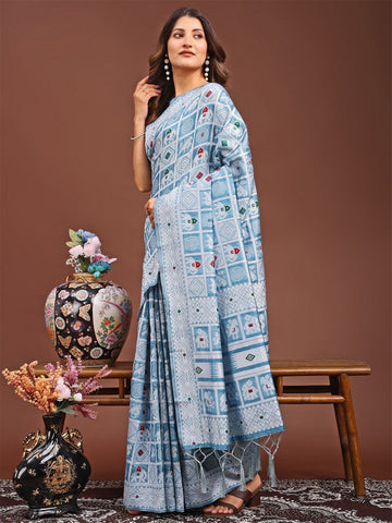Dazzling Aqua Color Linen Fabric Casual Saree