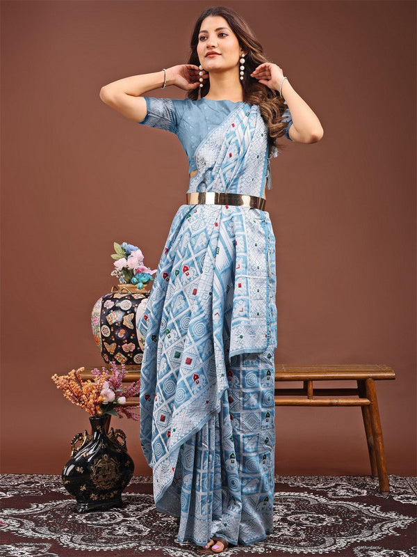 Dazzling Aqua Color Linen Fabric Casual Saree