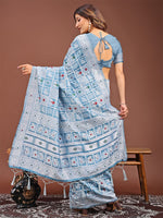 Dazzling Aqua Color Linen Fabric Casual Saree
