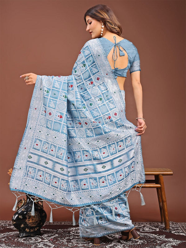 Dazzling Aqua Color Linen Fabric Casual Saree