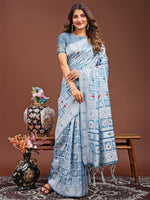 Dazzling Aqua Color Linen Fabric Casual Saree