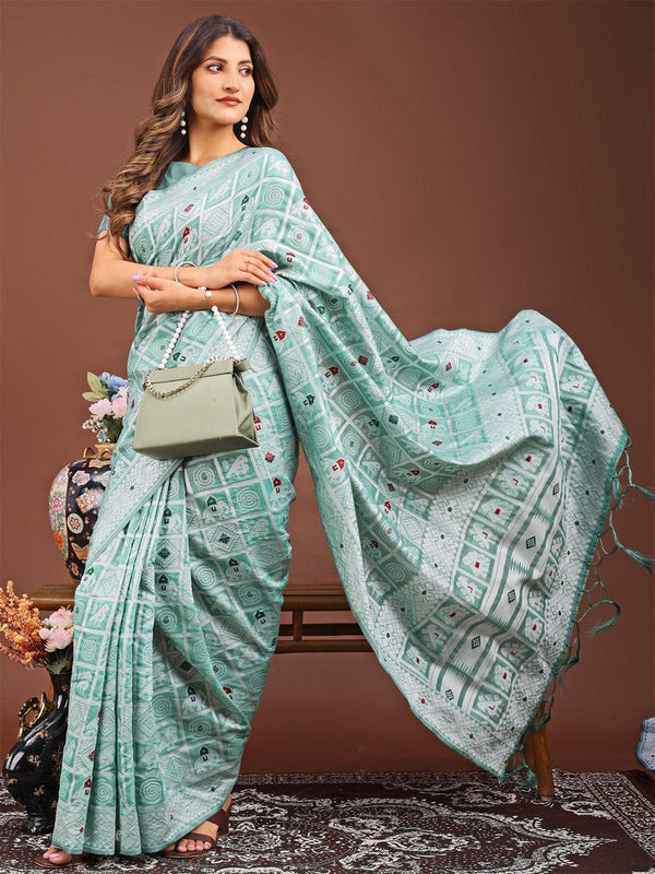 Dazzling Green Color Linen Fabric Casual Saree