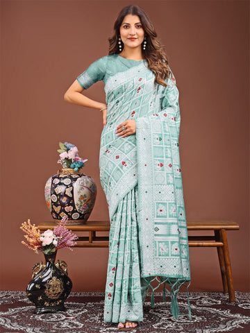 Dazzling Green Color Linen Fabric Casual Saree