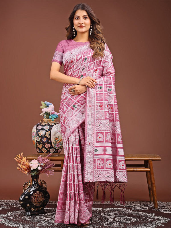 Dazzling Pink Color Linen Fabric Casual Saree