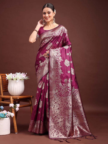 Wonderful Wine Color Banarasi Fabric Partywear Saree
