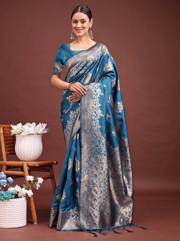 Wonderful Teal  Color Banarasi Fabric Partywear Saree