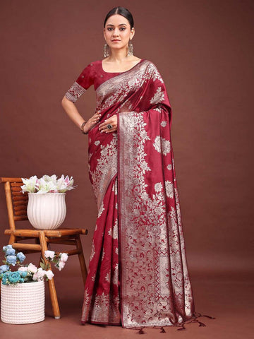 Wonderful Maroon Color Banarasi Fabric Partywear Saree