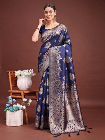 Wonderful Navy Blue Color Banarasi Fabric Partywear Saree