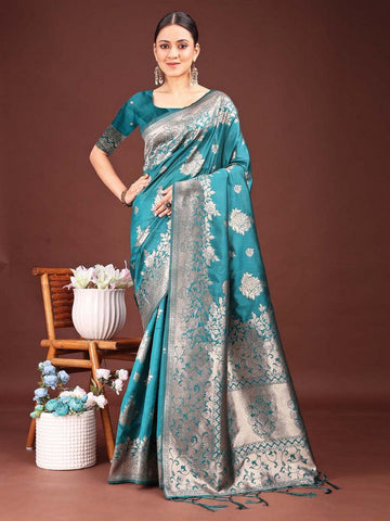 Wonderful Turquoise Color Banarasi Fabric Partywear Saree