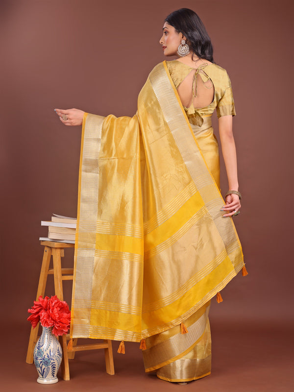 Beautiful Yellow Color Organza Fabric Casual Saree