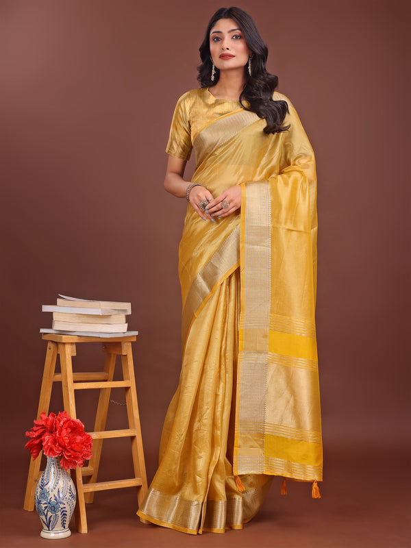Beautiful Yellow Color Organza Fabric Casual Saree