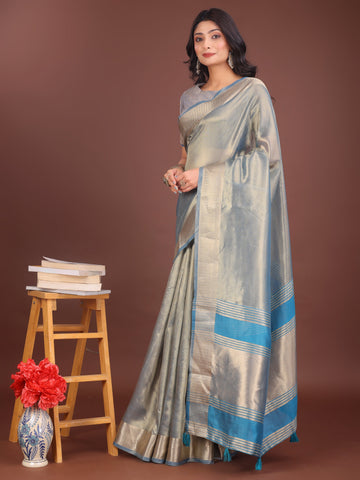 Beautiful Grey Color Organza Fabric Casual Saree