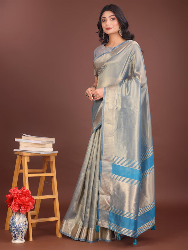 Beautiful Grey Color Organza Fabric Casual Saree