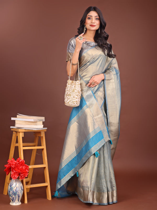 Beautiful Grey Color Organza Fabric Casual Saree