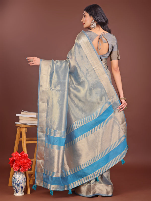 Beautiful Grey Color Organza Fabric Casual Saree