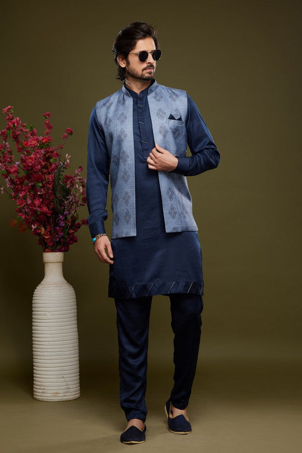 Tempting Navy Blue Color Art Silk Fabric Kurta Pajama and Jacket