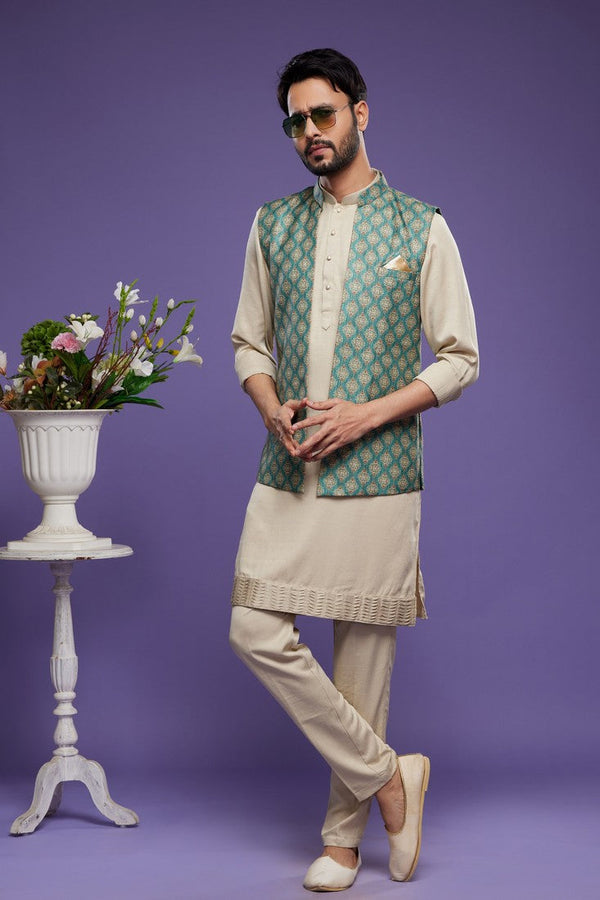 Tempting Green Color Art Silk Fabric Kurta Pajama and Jacket