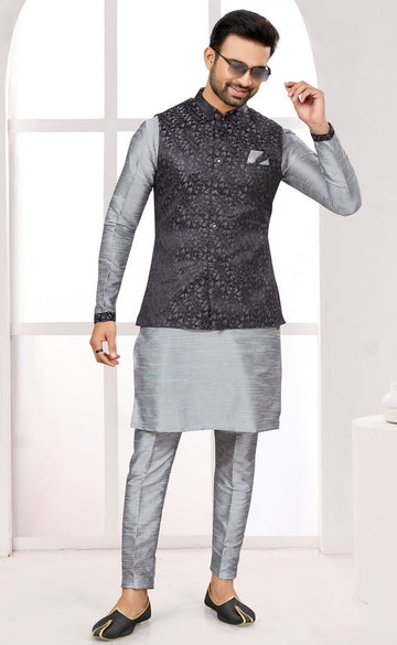 Tempting Grey Color Satin Jacquard Fabric Kurta Pajama and Jacket