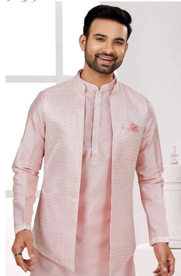 Tempting Pink Color Jacquard Fabric Kurta Pajama and Jacket
