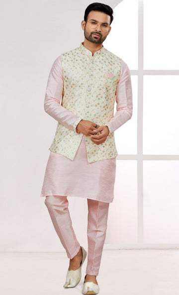 Tempting Pink Color Jacquard Fabric Kurta Pajama and Jacket