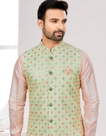 Tempting Peach Color Jacquard Fabric Kurta Pajama and Jacket
