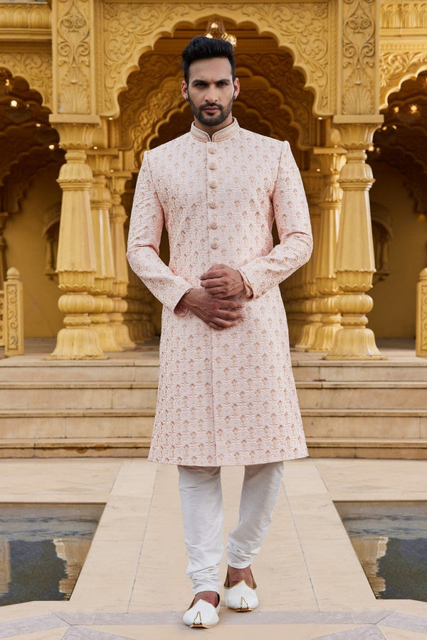 Elegant Peach Color Art Silk Fabric Sherwani