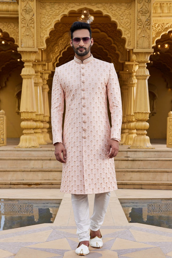 Elegant Peach Color Art Silk Fabric Sherwani