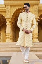 Elegant Yellow Color Art Silk Fabric Sherwani
