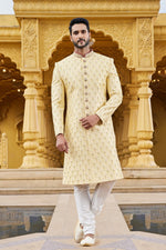 Elegant Yellow Color Art Silk Fabric Sherwani