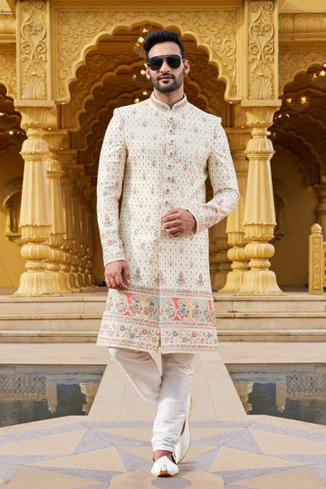 Elegant Cream Color Art Silk Fabric Sherwani