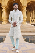 Elegant Aqua Color Art Silk Fabric Sherwani