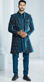 Blissful Teal Color Velvet Fabric Mens Indowestern