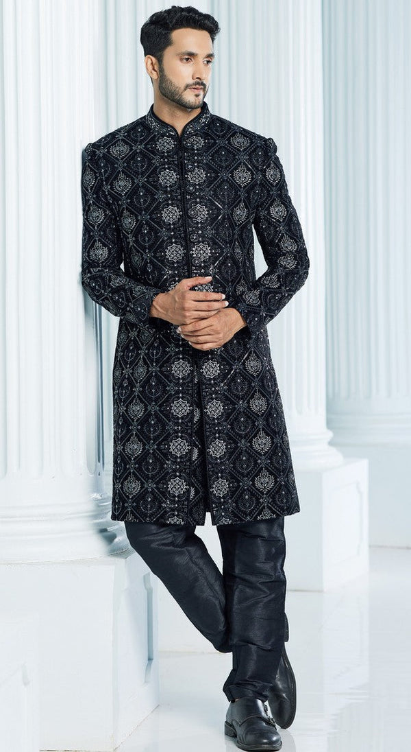 Blissful Black Color Velvet Fabric Mens Indowestern