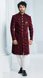 Blissful Maroon Color Velvet Fabric Mens Indowestern