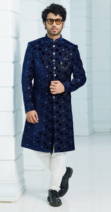 Blissful Navy Blue Color Velvet Fabric Mens Indowestern