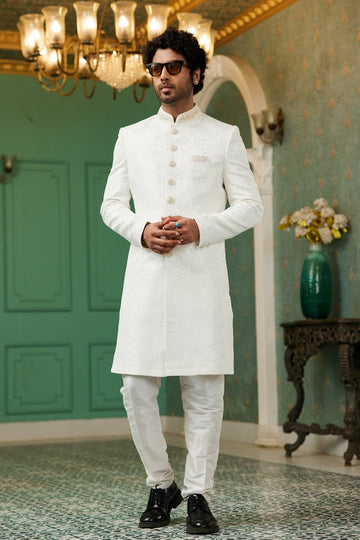 Elegant White Color Jacquard Fabric Mens Indowestern