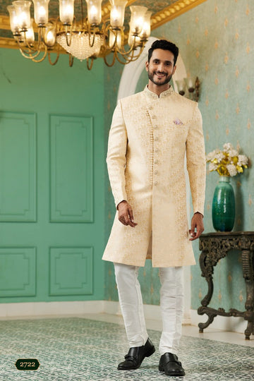 Elegant Cream Color Jacquard Fabric Mens Indowestern