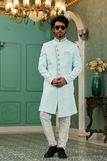 Elegant Aqua Color Jacquard Fabric Mens Indowestern