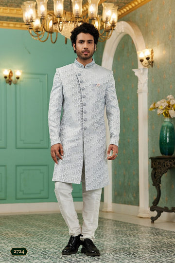 Elegant Grey Color Jacquard Fabric Mens Indowestern