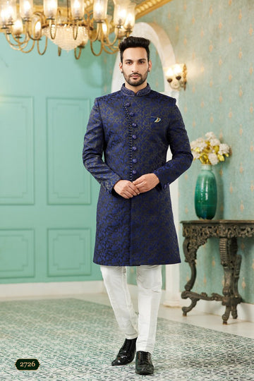 Elegant Navy Blue Color Jacquard Fabric Mens Indowestern