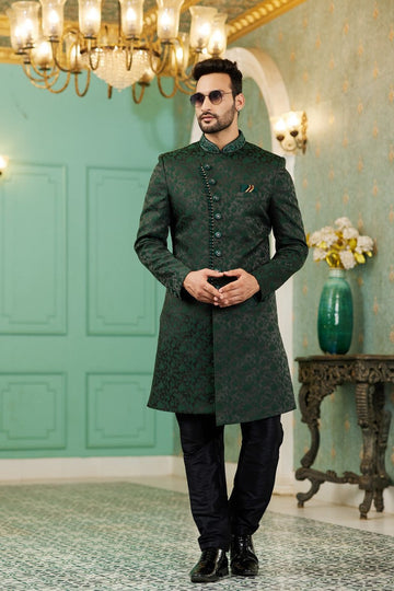 Elegant Green Color Jacquard Fabric Mens Indowestern