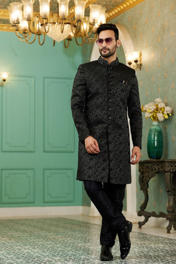 Elegant Black Color Jacquard Fabric Mens Indowestern