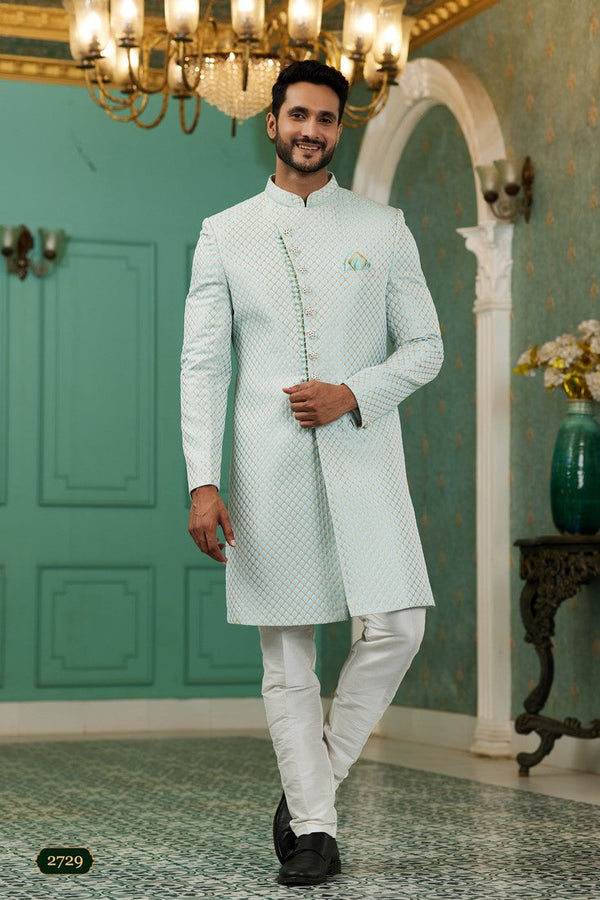 Elegant Aqua Color Jacquard Fabric Mens Indowestern